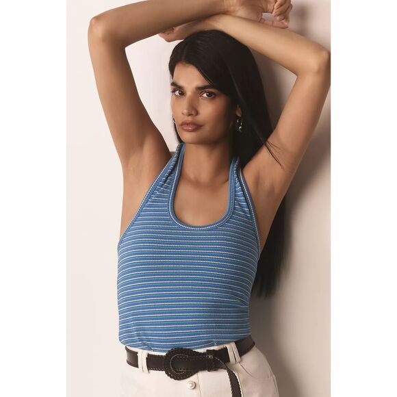 ANTHROPOLOGIE Pilcro Blue White Striped Textured Scoop Neck Halter Top Size XL - Picture 1 of 8